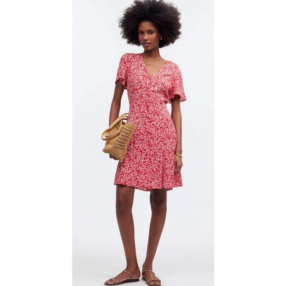 Madewell Red White Floral Daisy Short Sleeve V-Neck Button Down Mini Sun Dress 4 - Picture 1 of 9